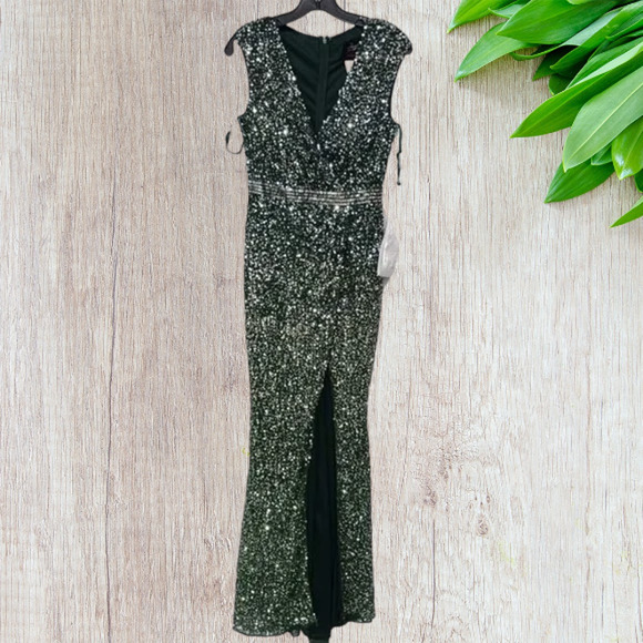 NWT Mac Duggal Forest Green Sequin Embellished Thigh-High Trumpet Gown MSRP $450 - Picture 4 of 8